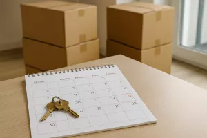 “Två nycklar och flyttlådor bredvid kalender med markerade datum – symboliserar flytt mellan hyresvärdar med överlappande hyresperiod och planering av inflyttning och utflyttning”