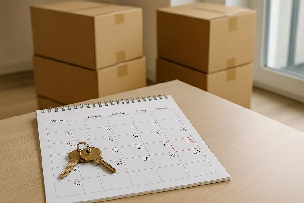 “Två nycklar och flyttlådor bredvid kalender med markerade datum – symboliserar flytt mellan hyresvärdar med överlappande hyresperiod och planering av inflyttning och utflyttning”